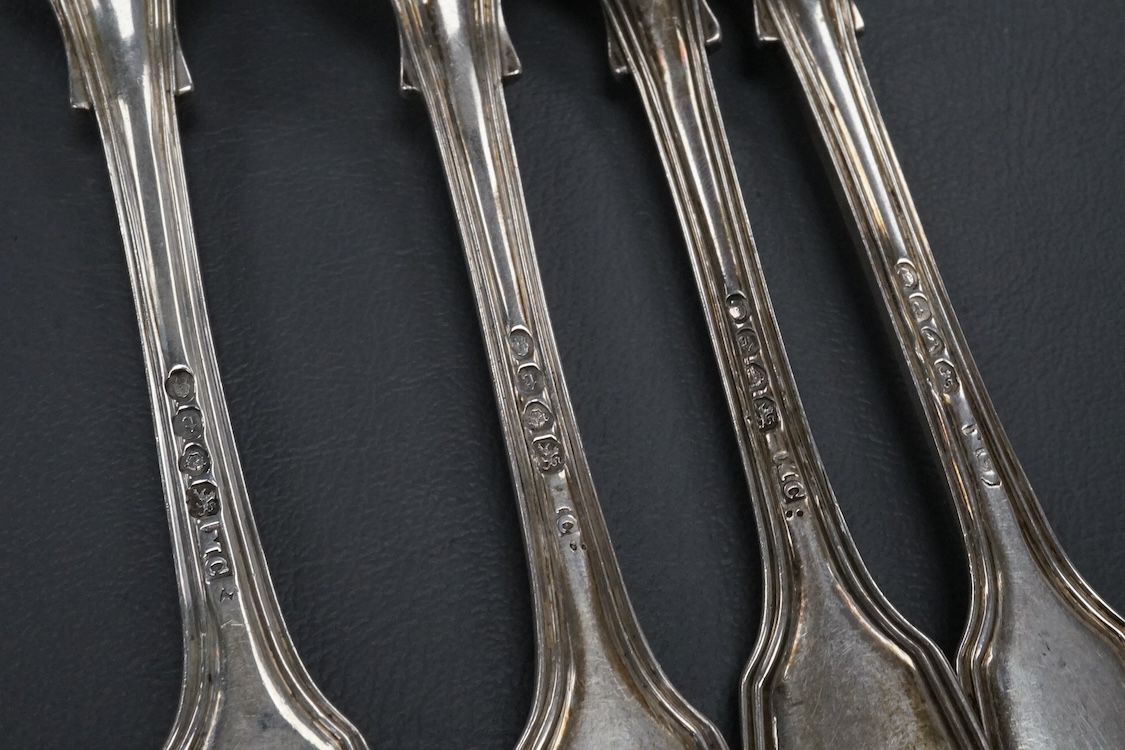 A set of eight William IV silver fiddle and thread pattern table forks, by Mary Chawner, London, 1834, 20.7cm and six matching table spoons, London, 1835, 40.5oz.